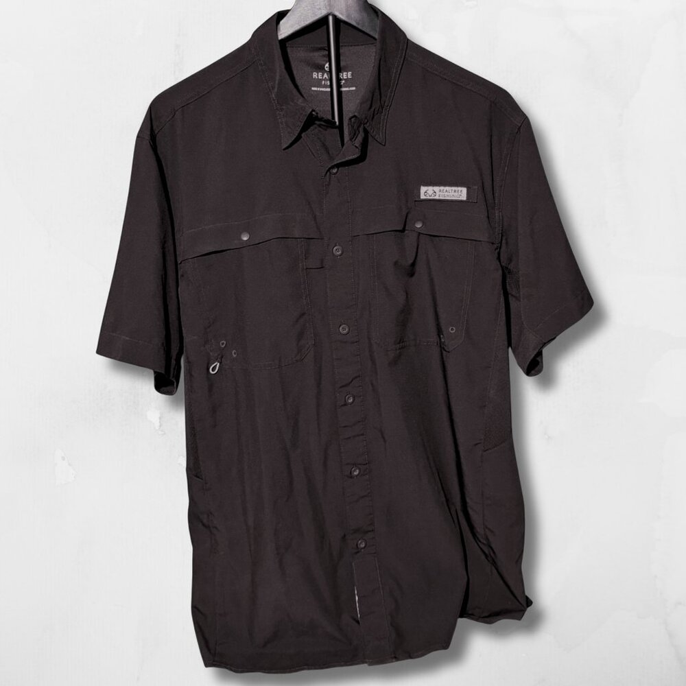 Realtree Fishing Shirt Men M Black Short Sleeve Button Down Performance PFG